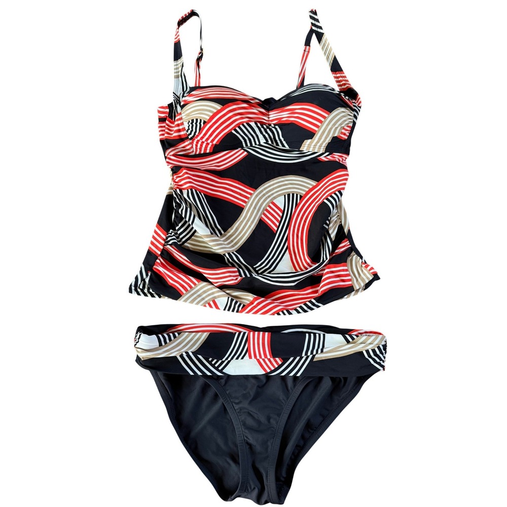 La Blanca Tankini Swimsuit Set 10* Black Red Geometric Sweetheart Neck Weireless